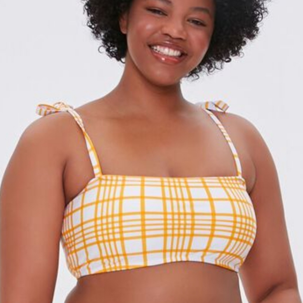 Yellow and White Grid tie Strap Bikini top Forever 21 Plus